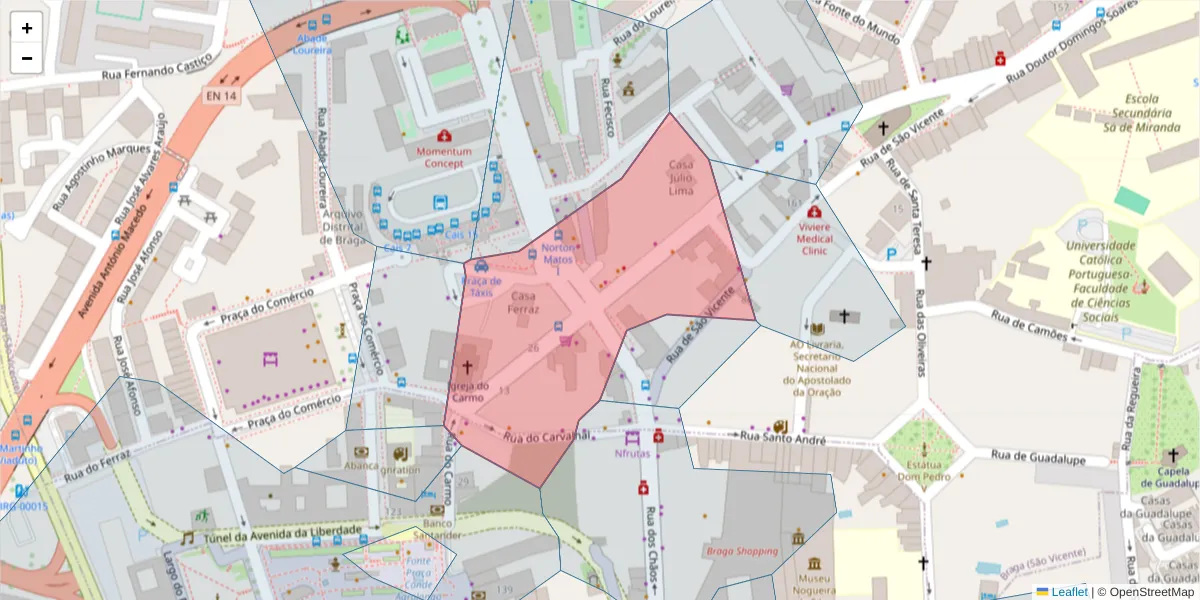 Mapa detalhado do código postal 4700-385 com limites, códigos postais vizinhos e agências dos correios