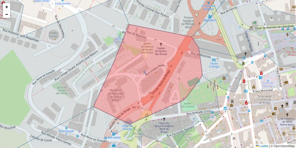 Mapa detalhado do código postal 4700-438 com limites, códigos postais vizinhos e agências dos correios