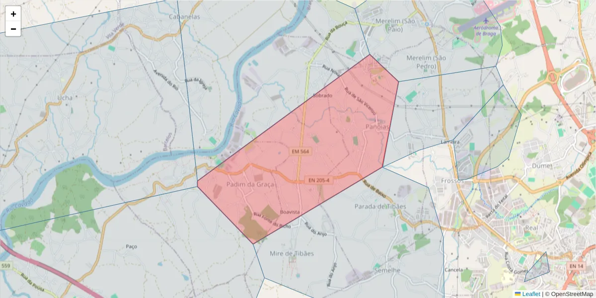 Mapa detalhado do código postal 4700-760 com limites, códigos postais vizinhos e agências dos correios