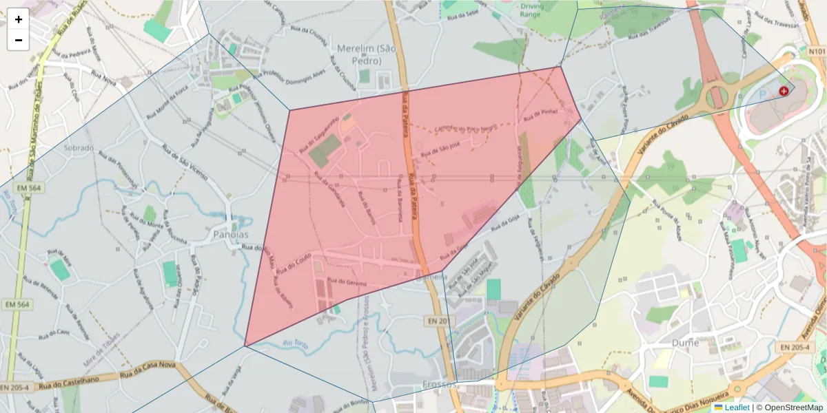Mapa detalhado do código postal 4700-860 com limites, códigos postais vizinhos e agências dos correios