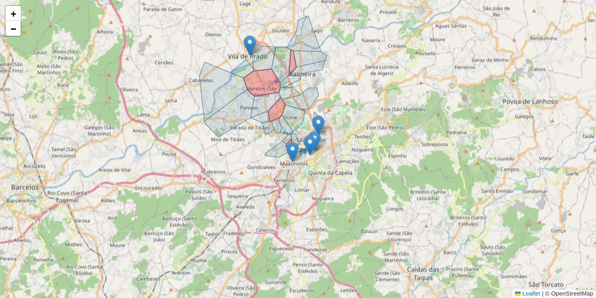 Mapa detalhado do código postal 4700 com limites, códigos postais vizinhos e agências dos correios
