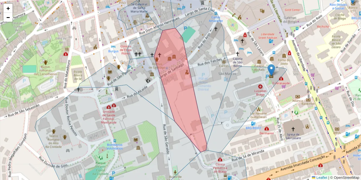 Mapa detalhado do código postal 4704-532 com limites, códigos postais vizinhos e agências dos correios