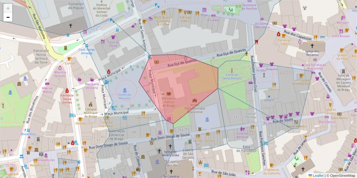 Mapa detalhado do código postal 4704-553 com limites, códigos postais vizinhos e agências dos correios