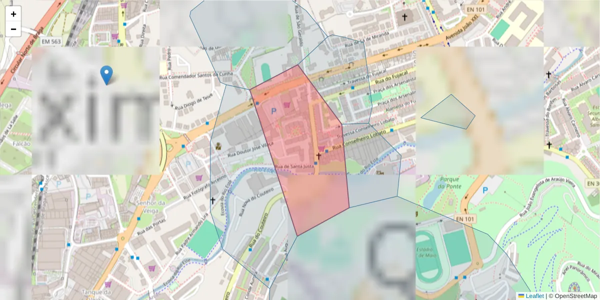 Mapa detalhado do código postal 4705-090 com limites, códigos postais vizinhos e agências dos correios