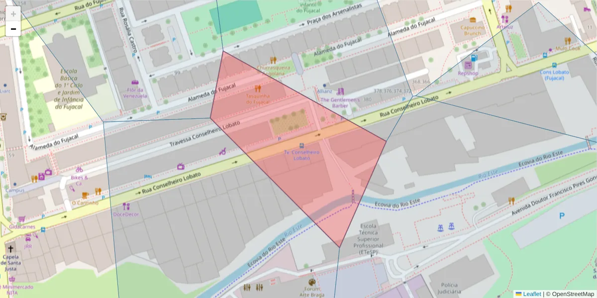 Mapa detalhado do código postal 4705-096 com limites, códigos postais vizinhos e agências dos correios