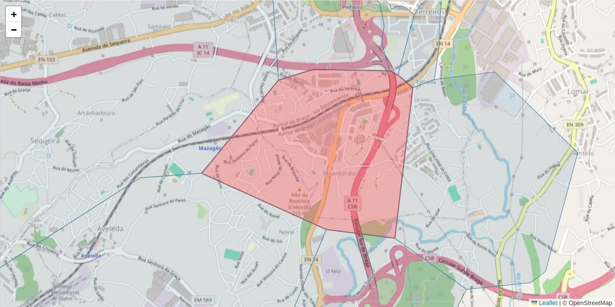 Mapa detalhado do código postal 4705-159 com limites, códigos postais vizinhos e agências dos correios