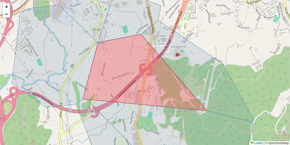 Mapa detalhado do código postal 4705-162 com limites, códigos postais vizinhos e agências dos correios