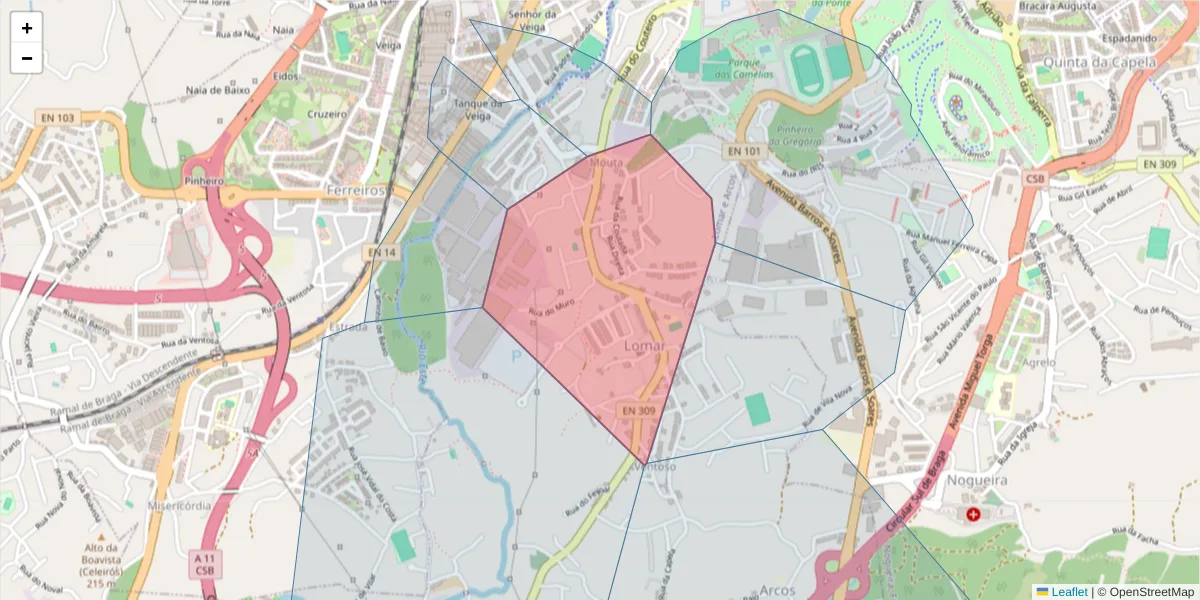 Mapa detalhado do código postal 4705-180 com limites, códigos postais vizinhos e agências dos correios