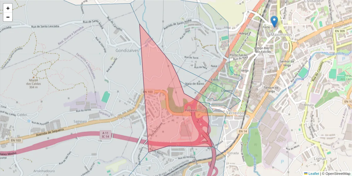Mapa detalhado do código postal 4705-265 com limites, códigos postais vizinhos e agências dos correios