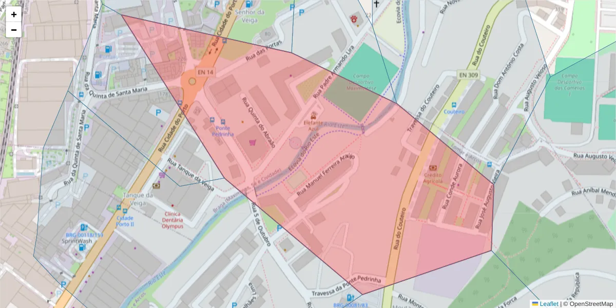 Mapa detalhado do código postal 4705-278 com limites, códigos postais vizinhos e agências dos correios