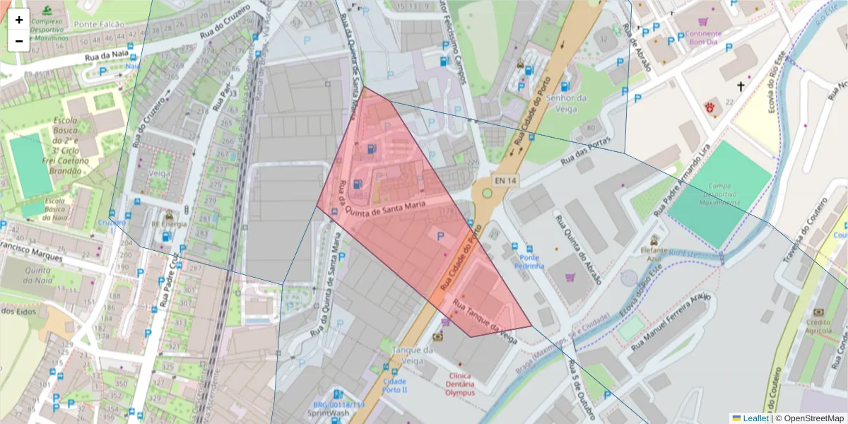 Mapa detalhado do código postal 4705-279 com limites, códigos postais vizinhos e agências dos correios