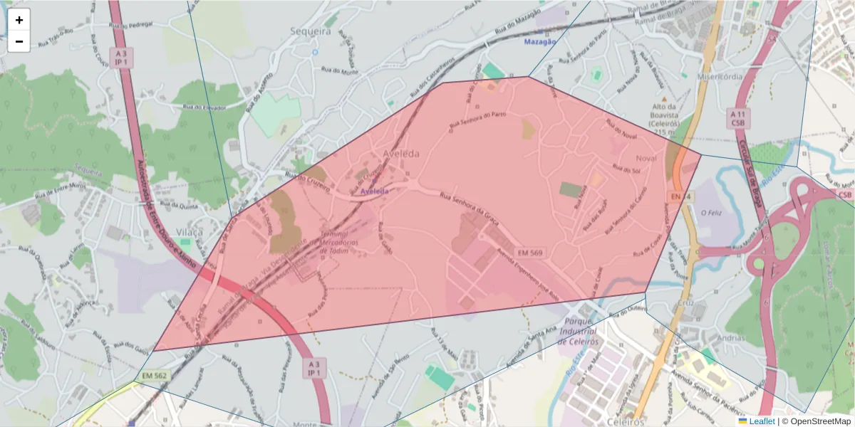 Mapa detalhado do código postal 4705-397 com limites, códigos postais vizinhos e agências dos correios