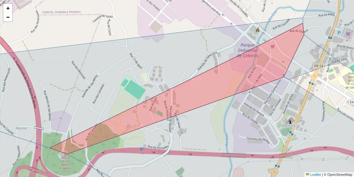 Mapa detalhado do código postal 4705-400 com limites, códigos postais vizinhos e agências dos correios
