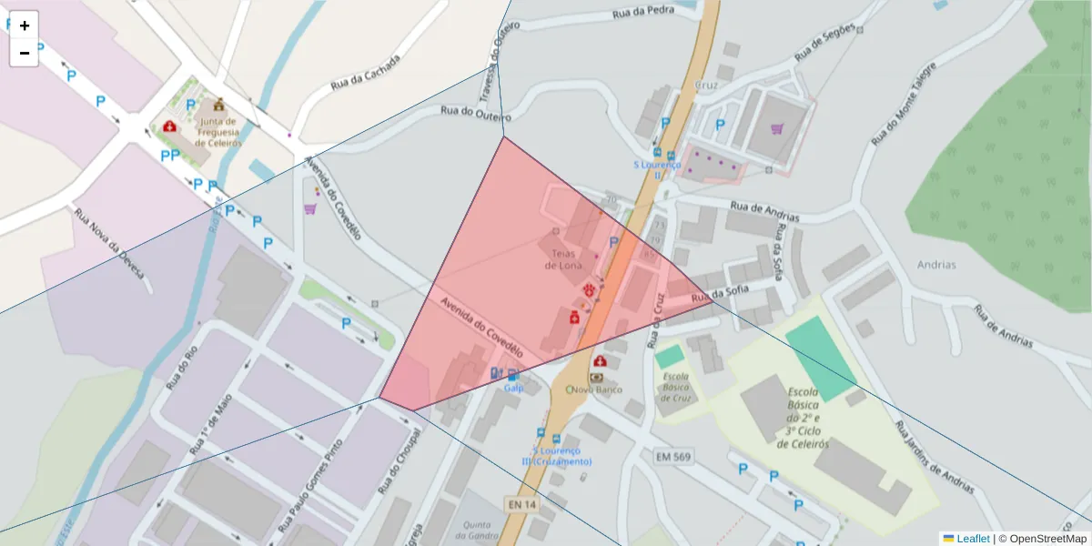 Mapa detalhado do código postal 4705-444 com limites, códigos postais vizinhos e agências dos correios