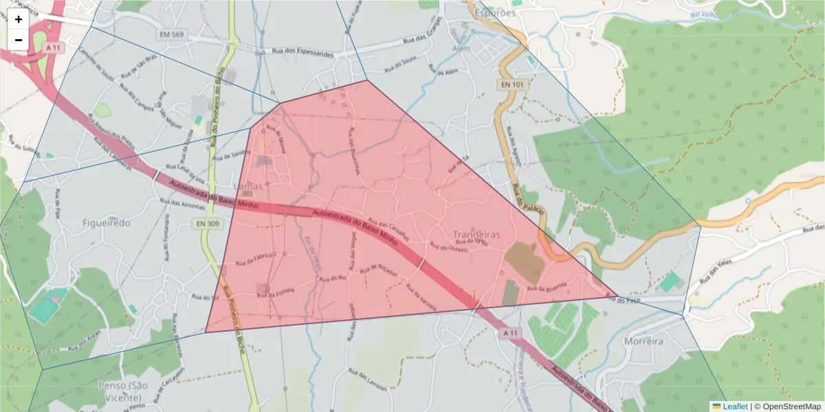 Mapa detalhado do código postal 4705-480 com limites, códigos postais vizinhos e agências dos correios