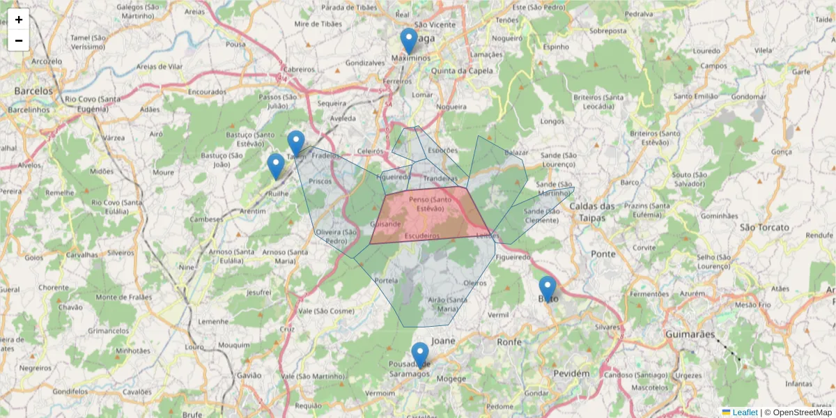 Mapa detalhado do código postal 4705-554 com limites, códigos postais vizinhos e agências dos correios
