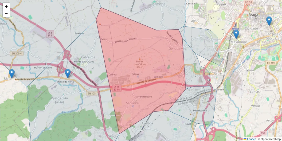 Mapa detalhado do código postal 4705-629 com limites, códigos postais vizinhos e agências dos correios