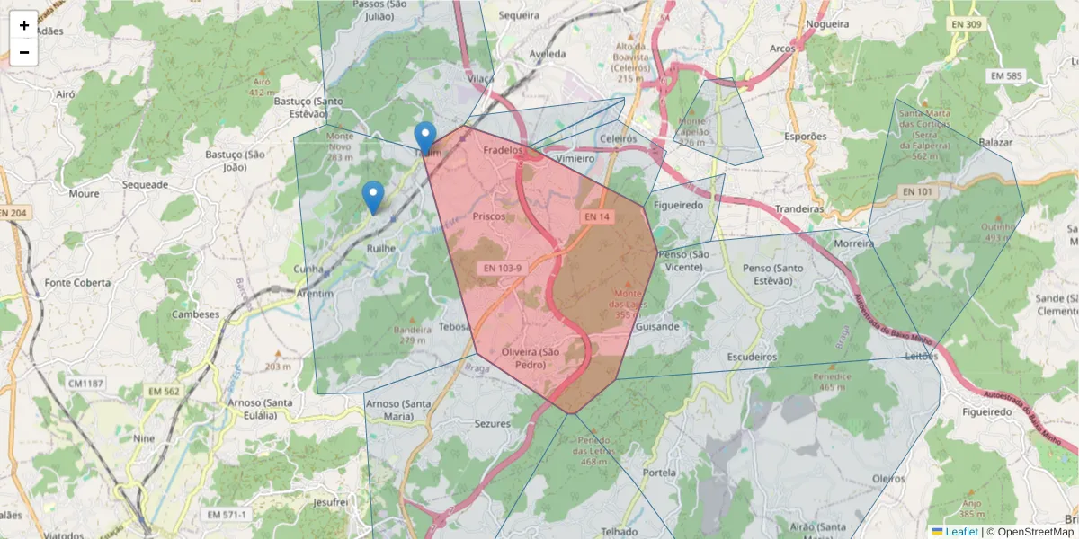 Mapa detalhado do código postal 4705-660 com limites, códigos postais vizinhos e agências dos correios
