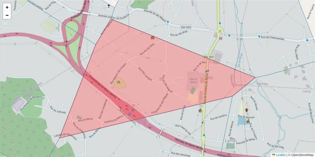 Mapa detalhado do código postal 4705-719 Braga com limites, códigos postais vizinhos e agências dos correios