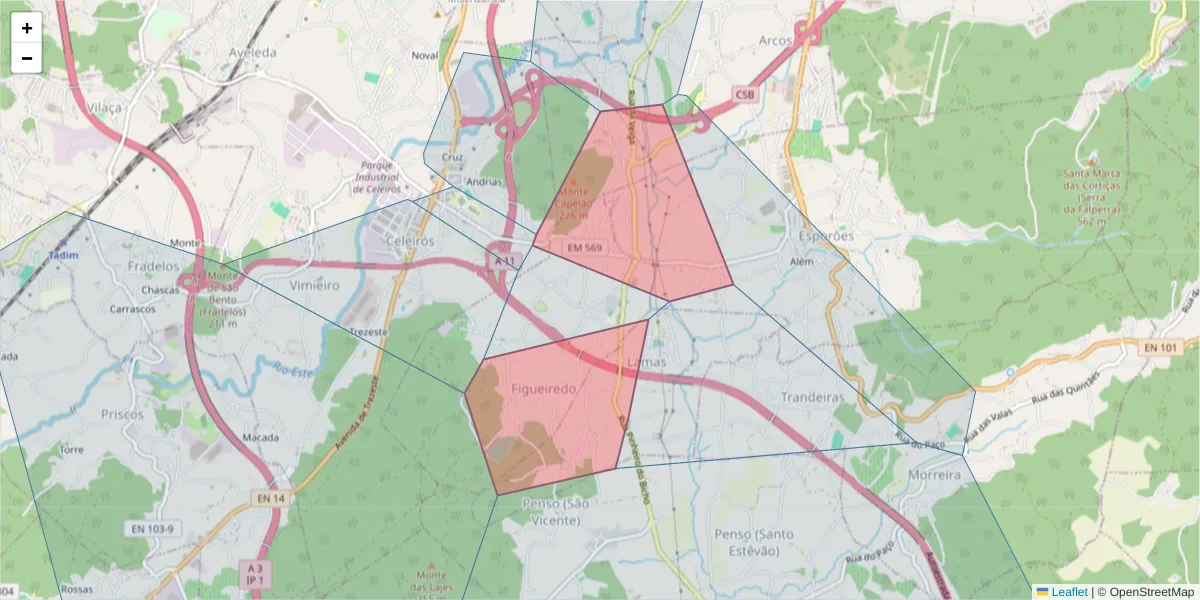 Mapa detalhado do código postal 4705-719 com limites, códigos postais vizinhos e agências dos correios