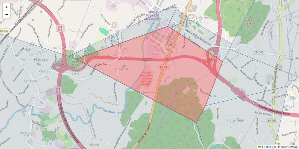 Mapa detalhado do código postal 4705-731 com limites, códigos postais vizinhos e agências dos correios