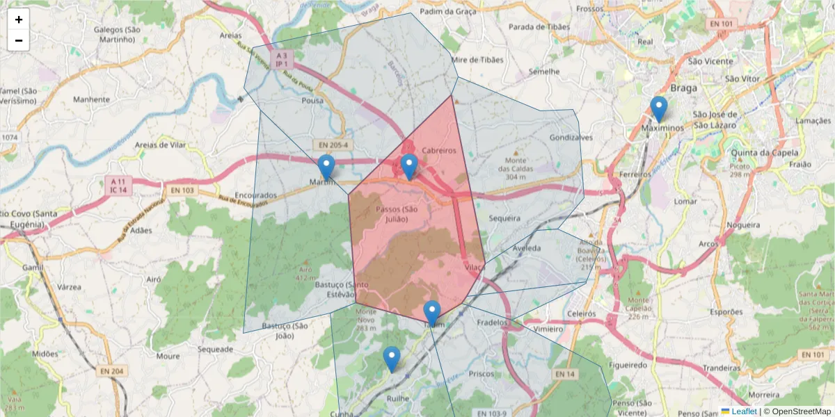 Mapa detalhado do código postal 4705-768 com limites, códigos postais vizinhos e agências dos correios