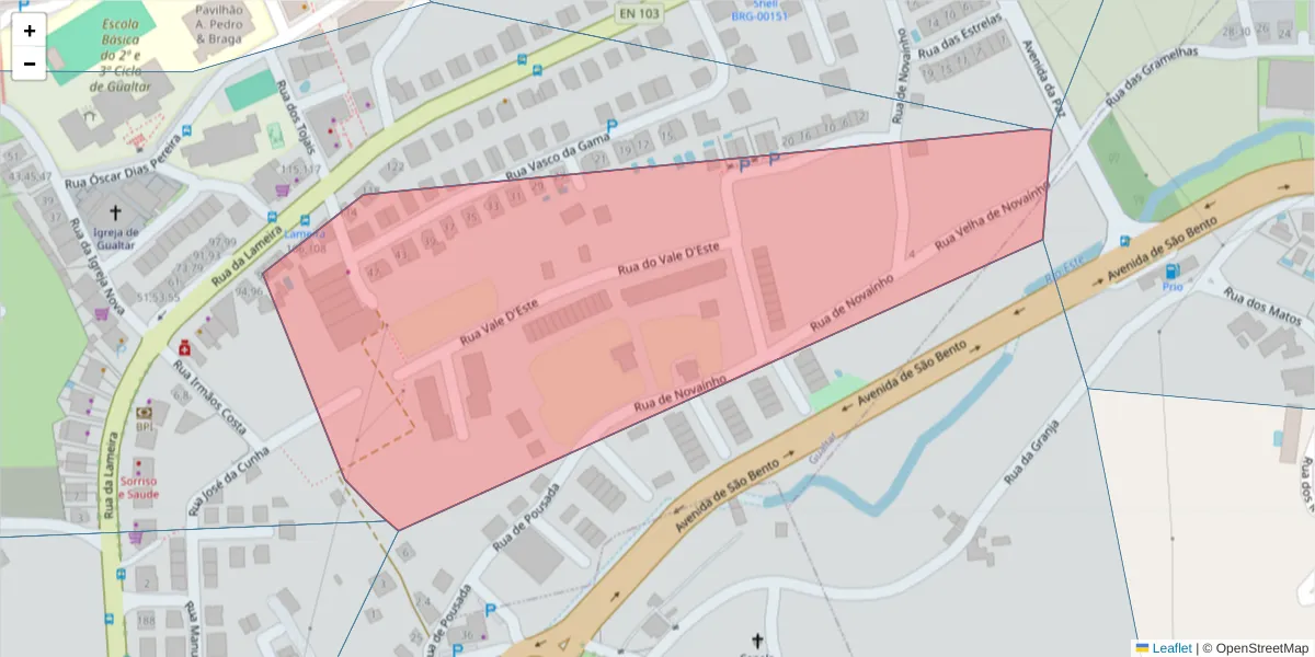 Mapa detalhado do código postal 4710-046 com limites, códigos postais vizinhos e agências dos correios