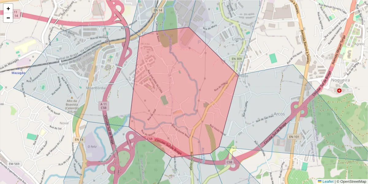 Mapa detalhado do código postal 4710-133 com limites, códigos postais vizinhos e agências dos correios