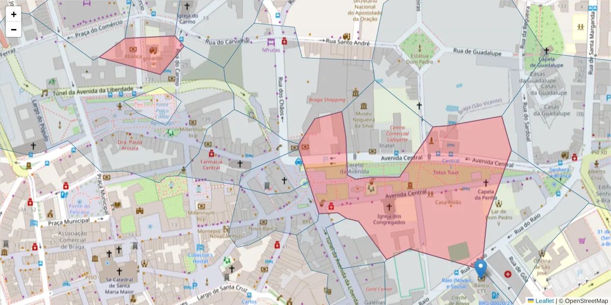 Mapa detalhado do código postal 4710-229 com limites, códigos postais vizinhos e agências dos correios
