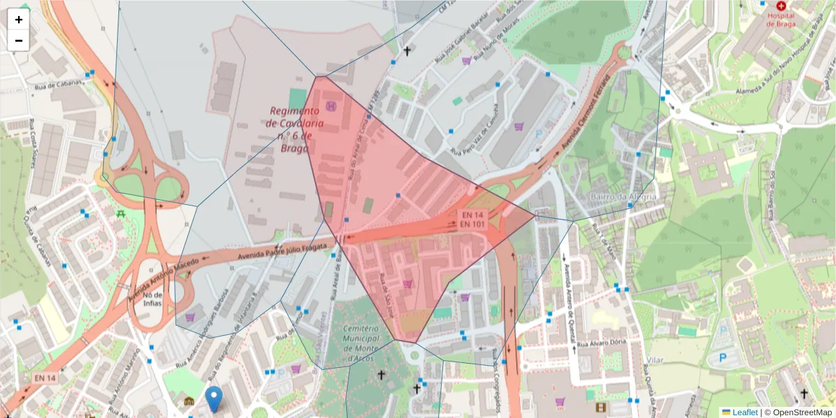 Mapa detalhado do código postal 4710-244 com limites, códigos postais vizinhos e agências dos correios