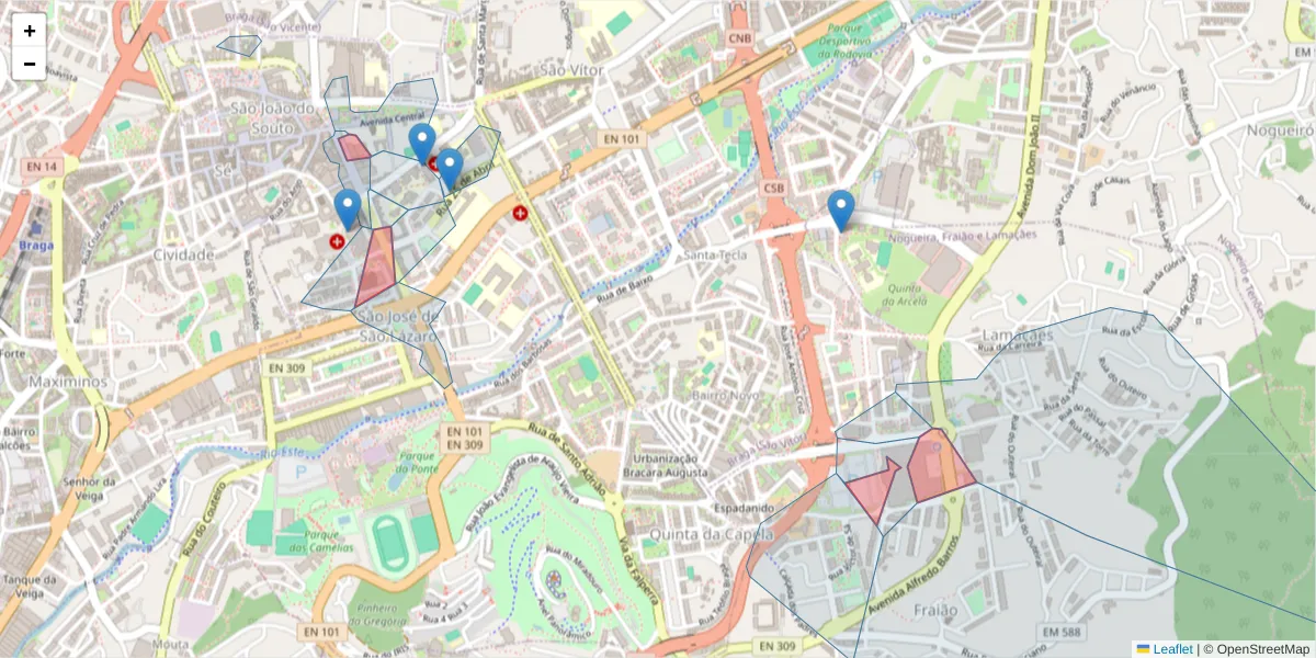Mapa detalhado do código postal 4710-249 com limites, códigos postais vizinhos e agências dos correios