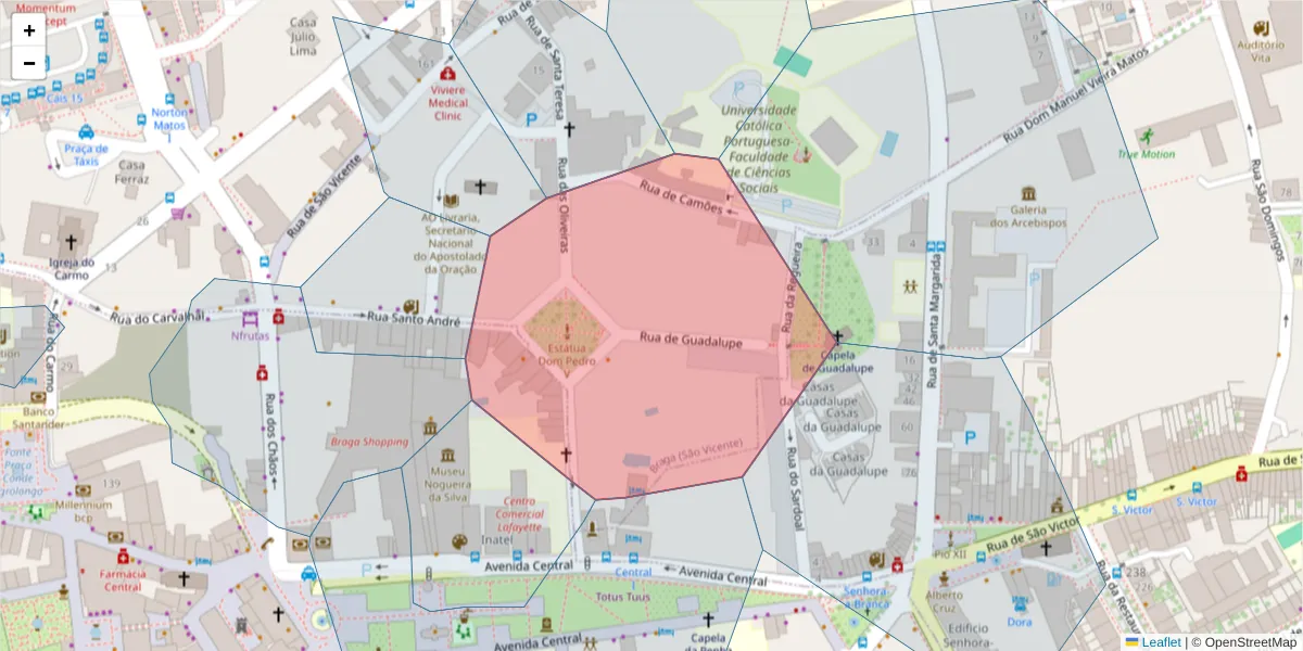 Mapa detalhado do código postal 4710-301 com limites, códigos postais vizinhos e agências dos correios