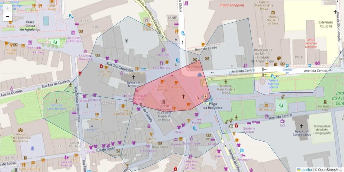 Mapa detalhado do código postal 4710-305 com limites, códigos postais vizinhos e agências dos correios