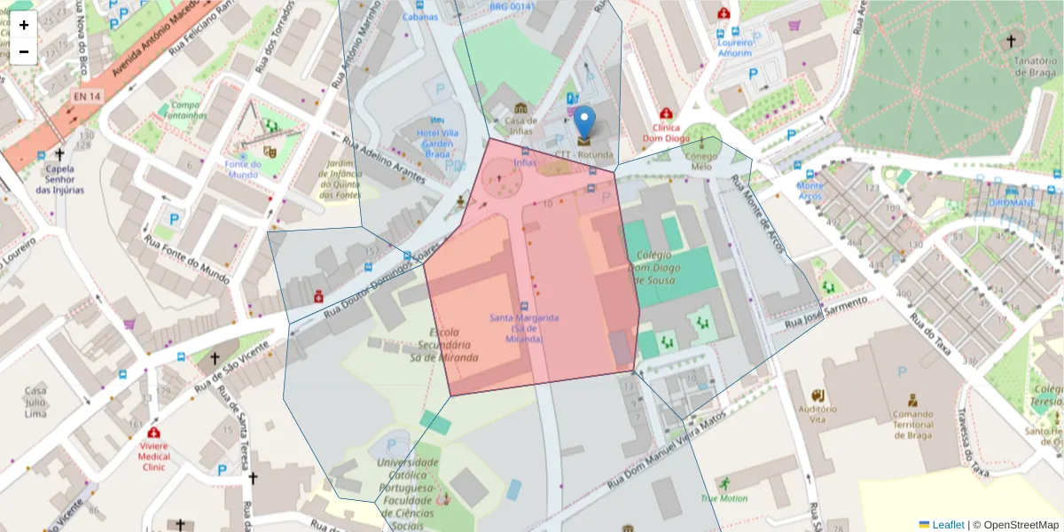 Mapa detalhado do código postal 4710-306 com limites, códigos postais vizinhos e agências dos correios