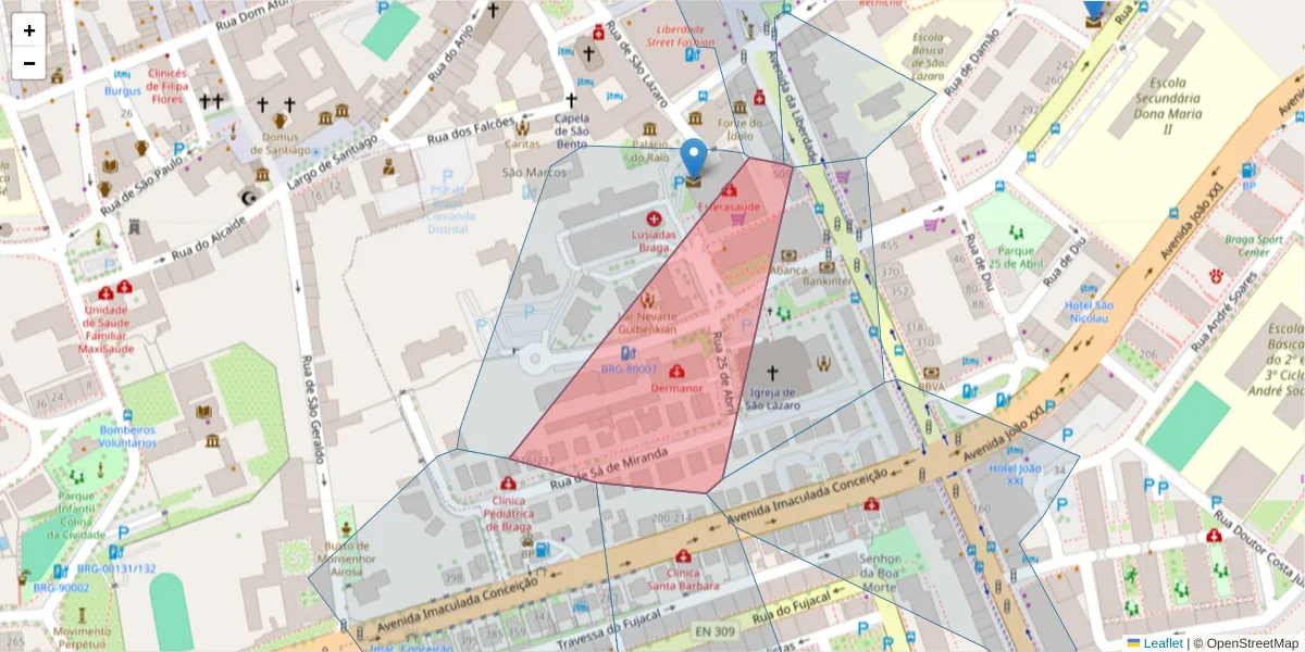 Mapa detalhado do código postal 4710-308 com limites, códigos postais vizinhos e agências dos correios
