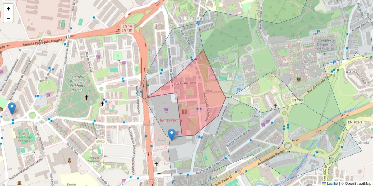 Mapa detalhado do código postal 4710-353 com limites, códigos postais vizinhos e agências dos correios
