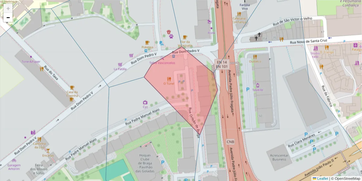 Mapa detalhado do código postal 4710-370 com limites, códigos postais vizinhos e agências dos correios
