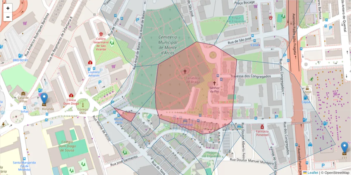 Mapa detalhado do código postal 4710-373 com limites, códigos postais vizinhos e agências dos correios