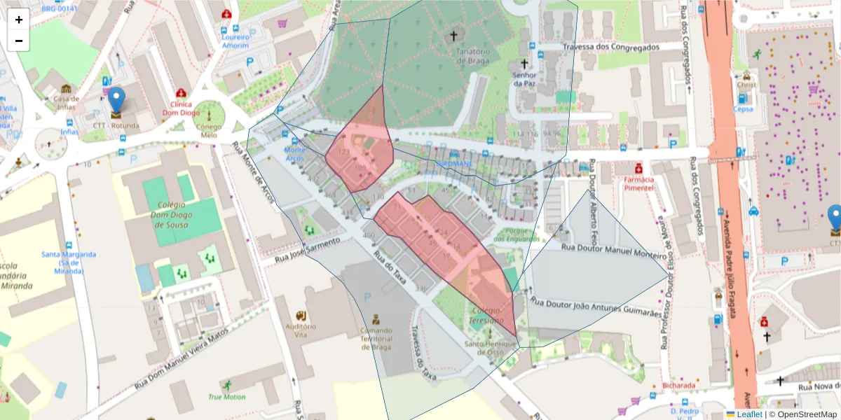 Mapa detalhado do código postal 4710-383 com limites, códigos postais vizinhos e agências dos correios