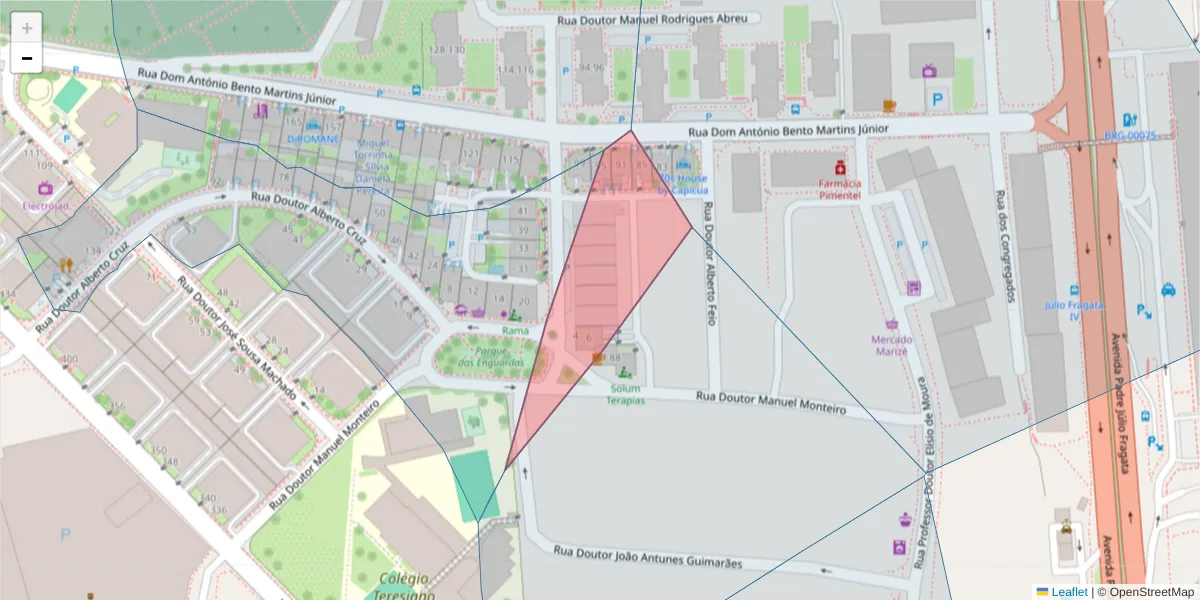 Mapa detalhado do código postal 4710-385 com limites, códigos postais vizinhos e agências dos correios