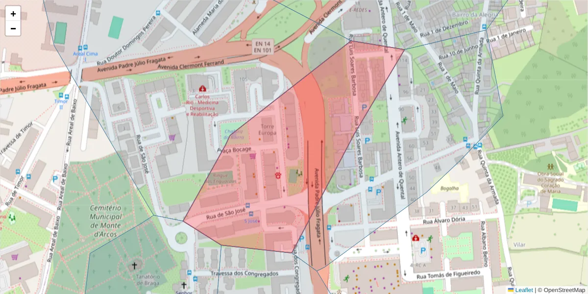 Mapa detalhado do código postal 4710-412 com limites, códigos postais vizinhos e agências dos correios