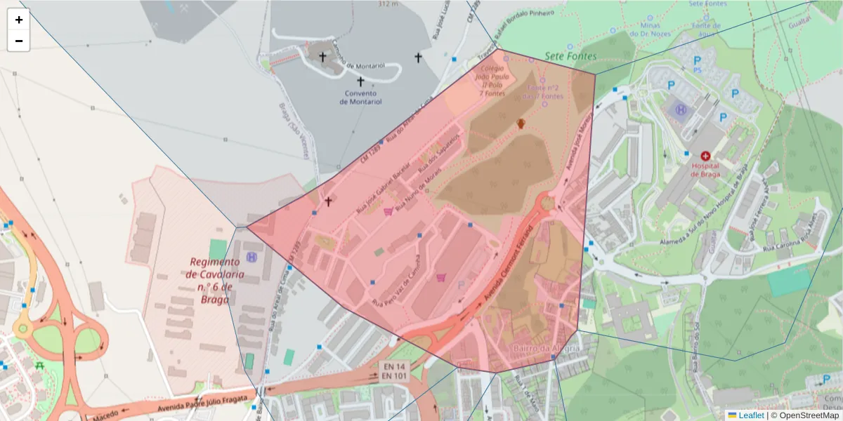 Mapa detalhado do código postal 4710-426 com limites, códigos postais vizinhos e agências dos correios