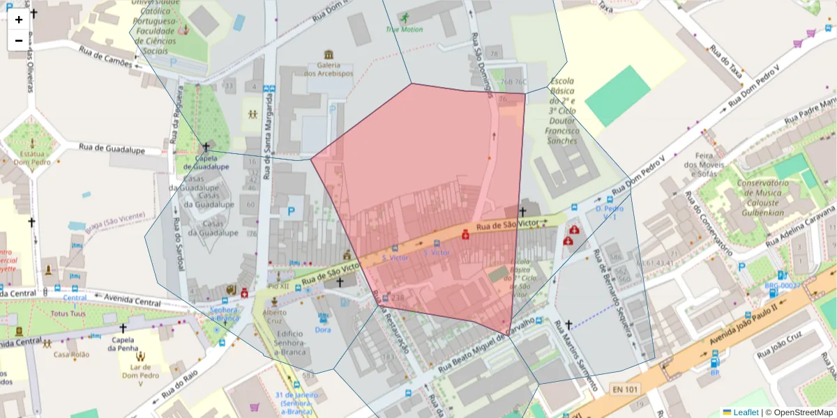 Mapa detalhado do código postal 4710-439 com limites, códigos postais vizinhos e agências dos correios