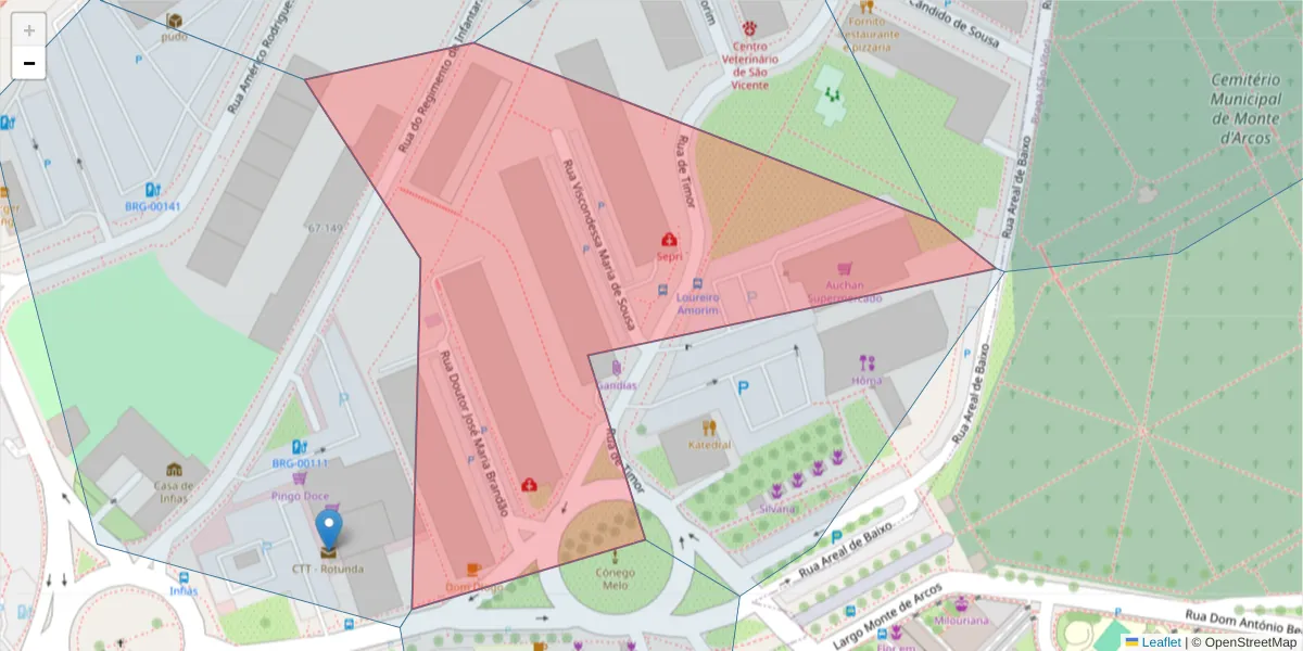 Mapa detalhado do código postal 4710-504 com limites, códigos postais vizinhos e agências dos correios