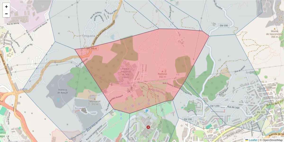 Mapa detalhado do código postal 4710-553 com limites, códigos postais vizinhos e agências dos correios