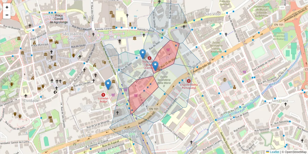 Mapa detalhado do código postal 4710-913 com limites, códigos postais vizinhos e agências dos correios