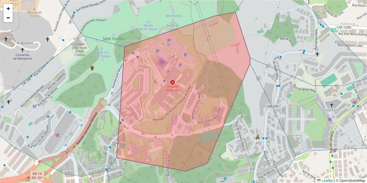 Mapa detalhado do código postal 4710-915 com limites, códigos postais vizinhos e agências dos correios