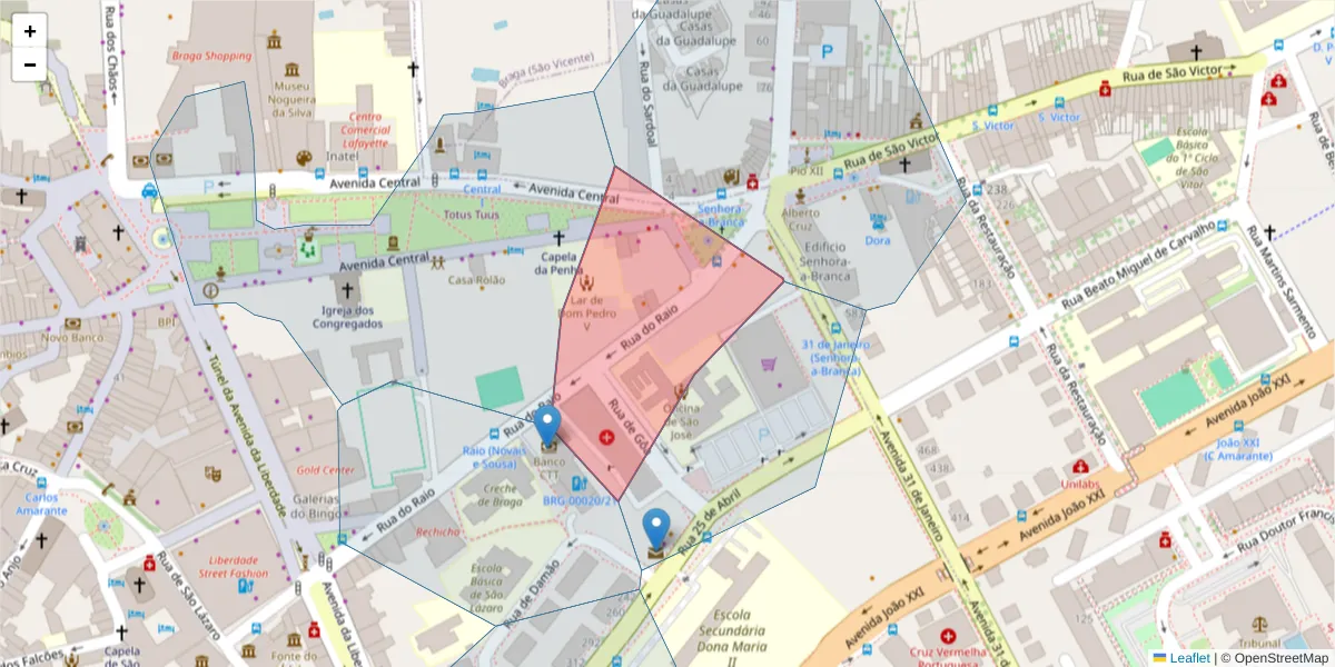 Mapa detalhado do código postal 4710-925 com limites, códigos postais vizinhos e agências dos correios