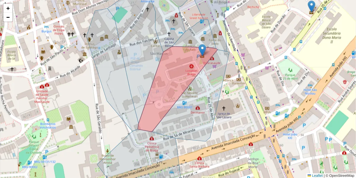 Mapa detalhado do código postal 4710-996 com limites, códigos postais vizinhos e agências dos correios