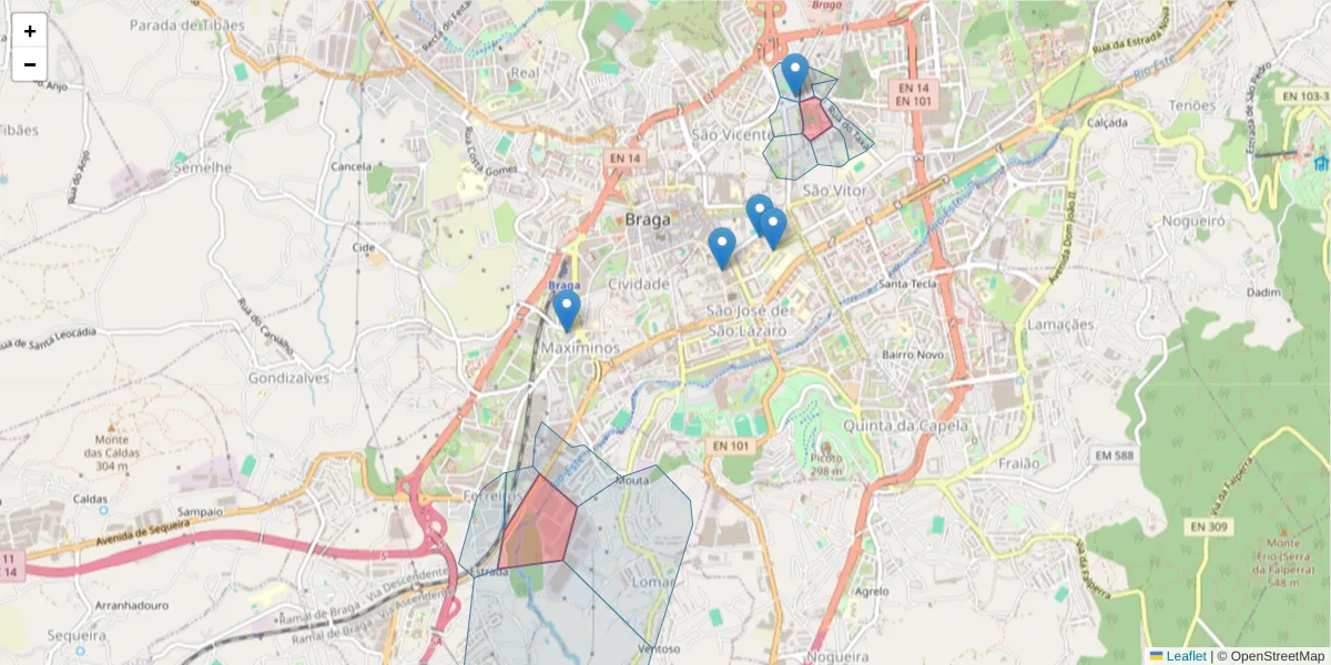 Mapa detalhado do código postal 4710 com limites, códigos postais vizinhos e agências dos correios